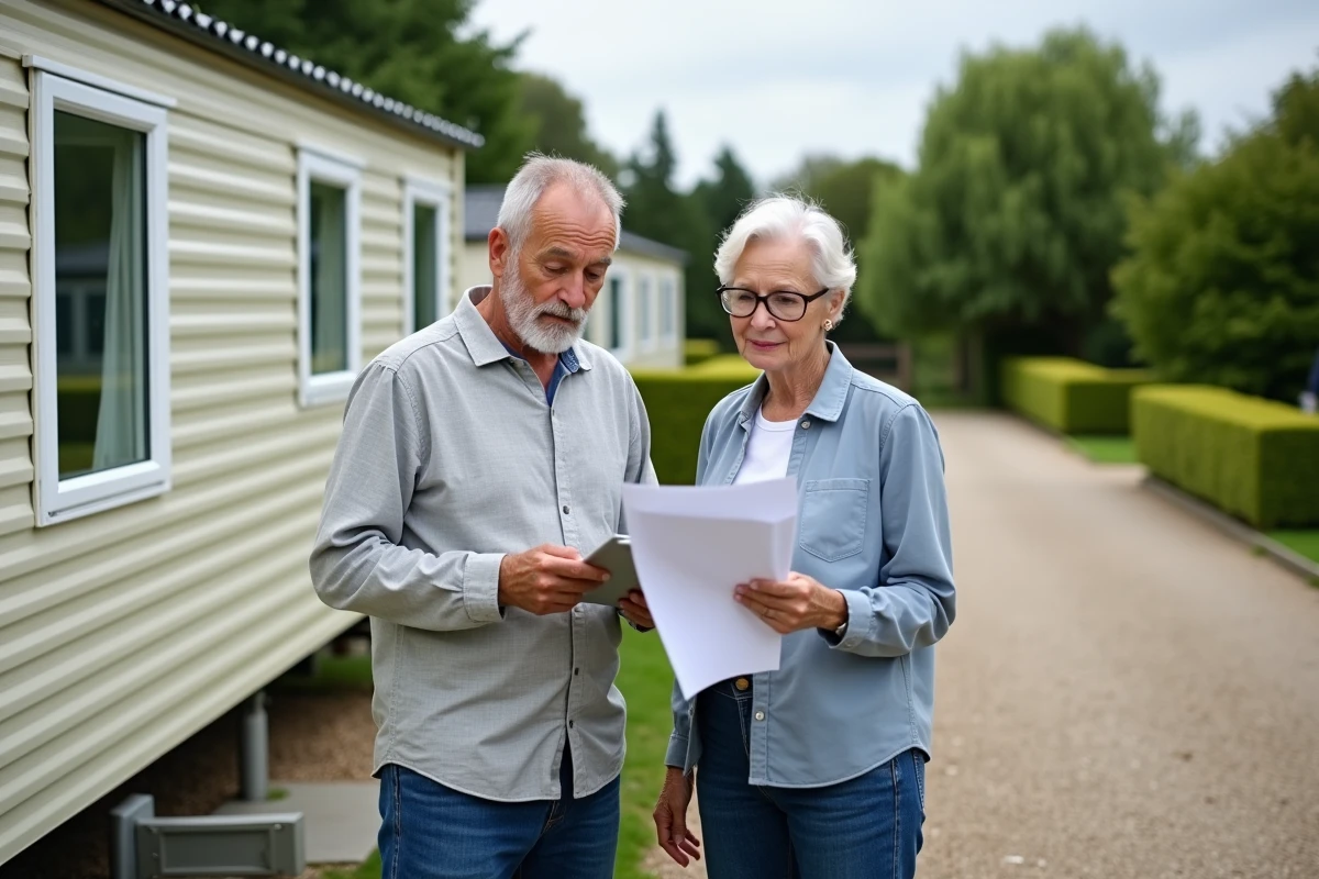 Couple visitant un mobil-home occasion dans un camping résidentiel ouvert toute l'année avec documents de vente