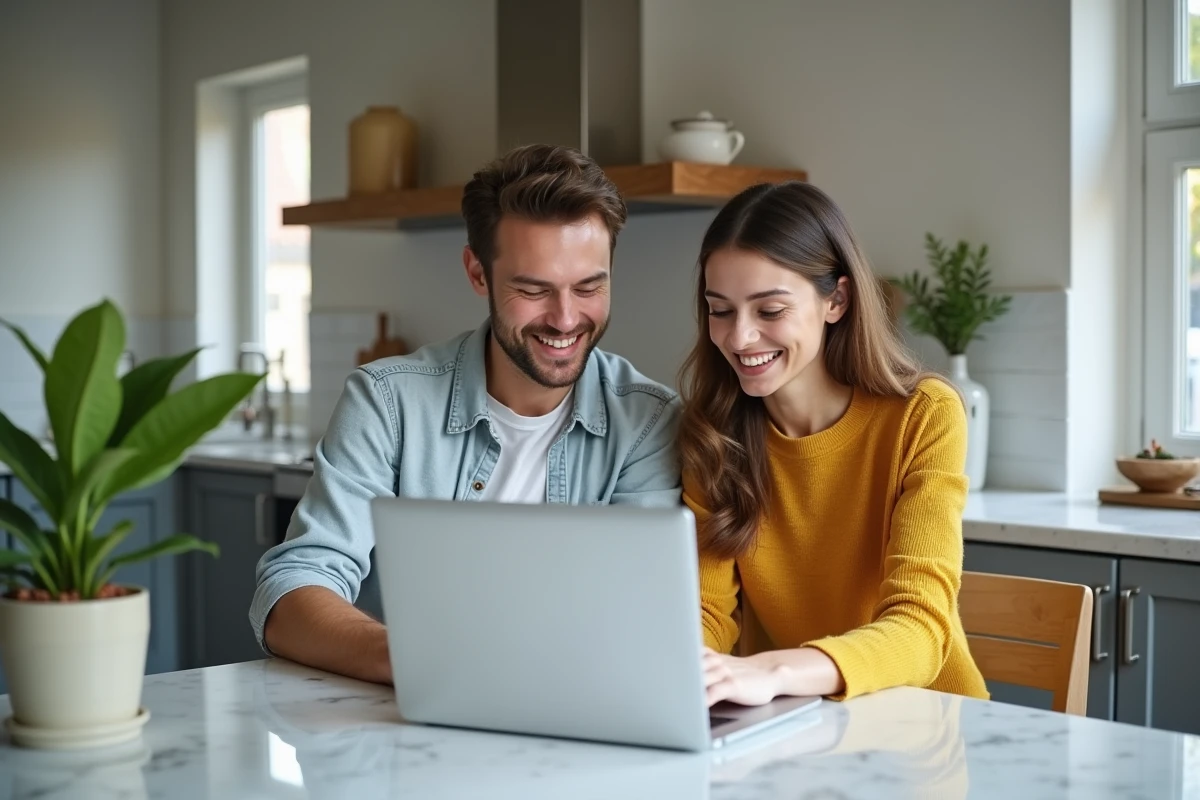 Jeune couple explorant une visite virtuelle dans la cuisine