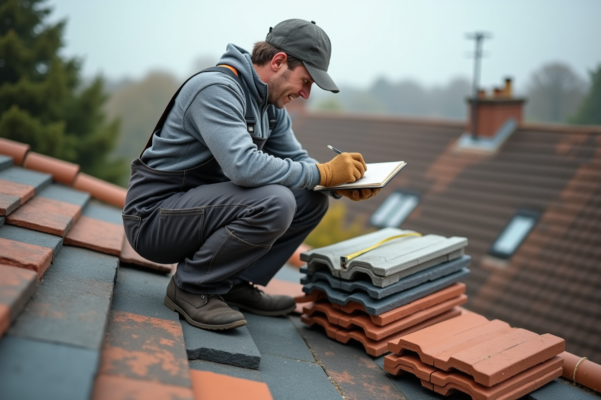 Ouvrier couvreur examinant des tuiles sur le toit