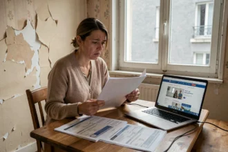 Femme inquiète consultant des formulaires de demande de logement social dans un appartement modeste à Paris
