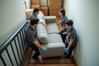 Groupe de déménageurs portant un canapé dans un escalier d'immeuble