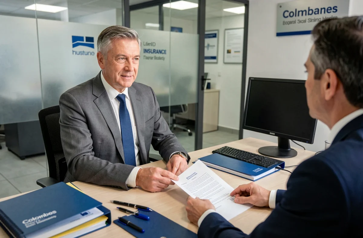 Courtier en assurance présentant un devis d'assurance habitation à un client dans une agence à Colombes