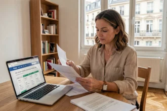 Femme consultant un devis d'assurance habitation dans un appartement de Colombes