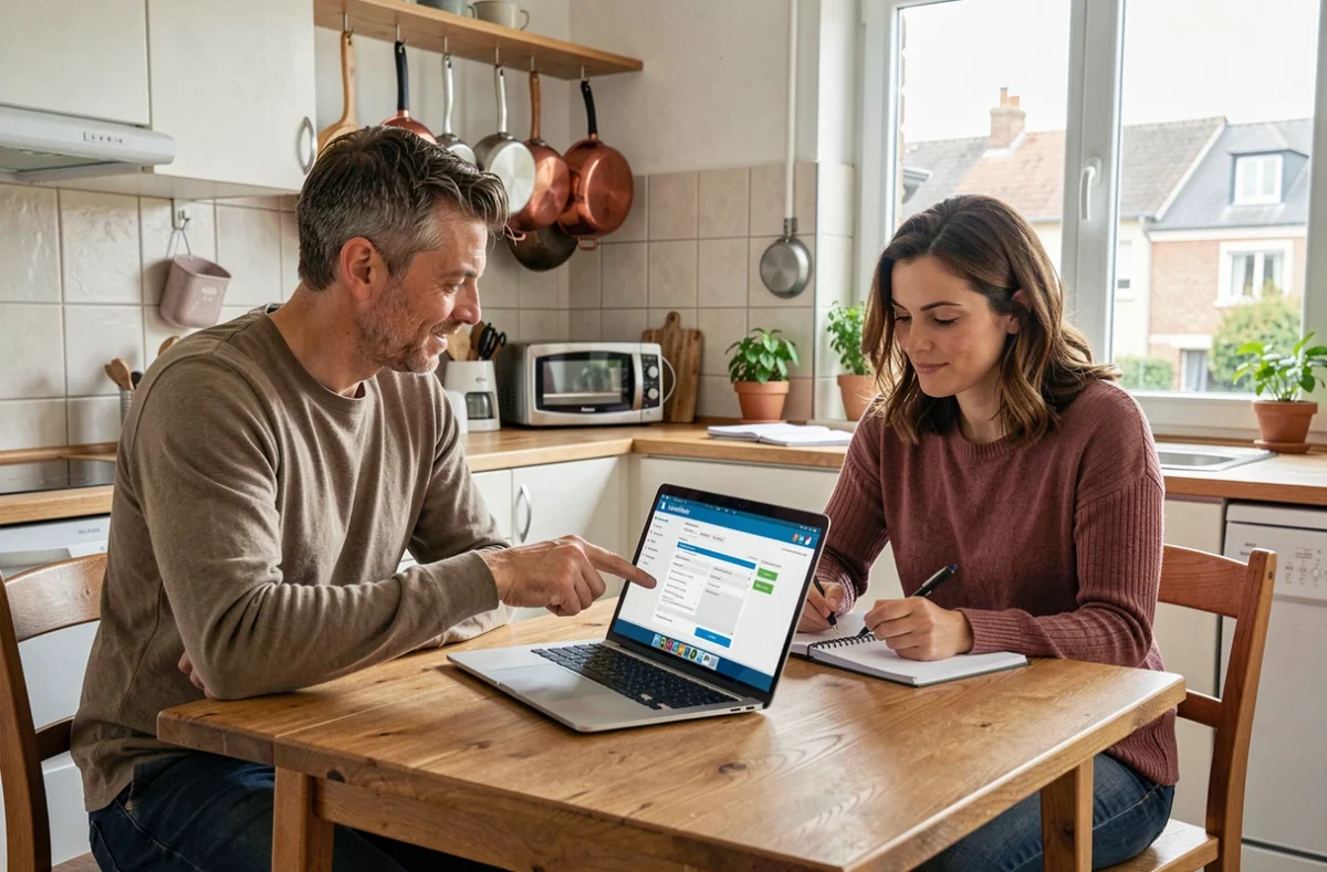 Couple comparant des devis d'assurance habitation sur un ordinateur dans leur cuisine à Colombes
