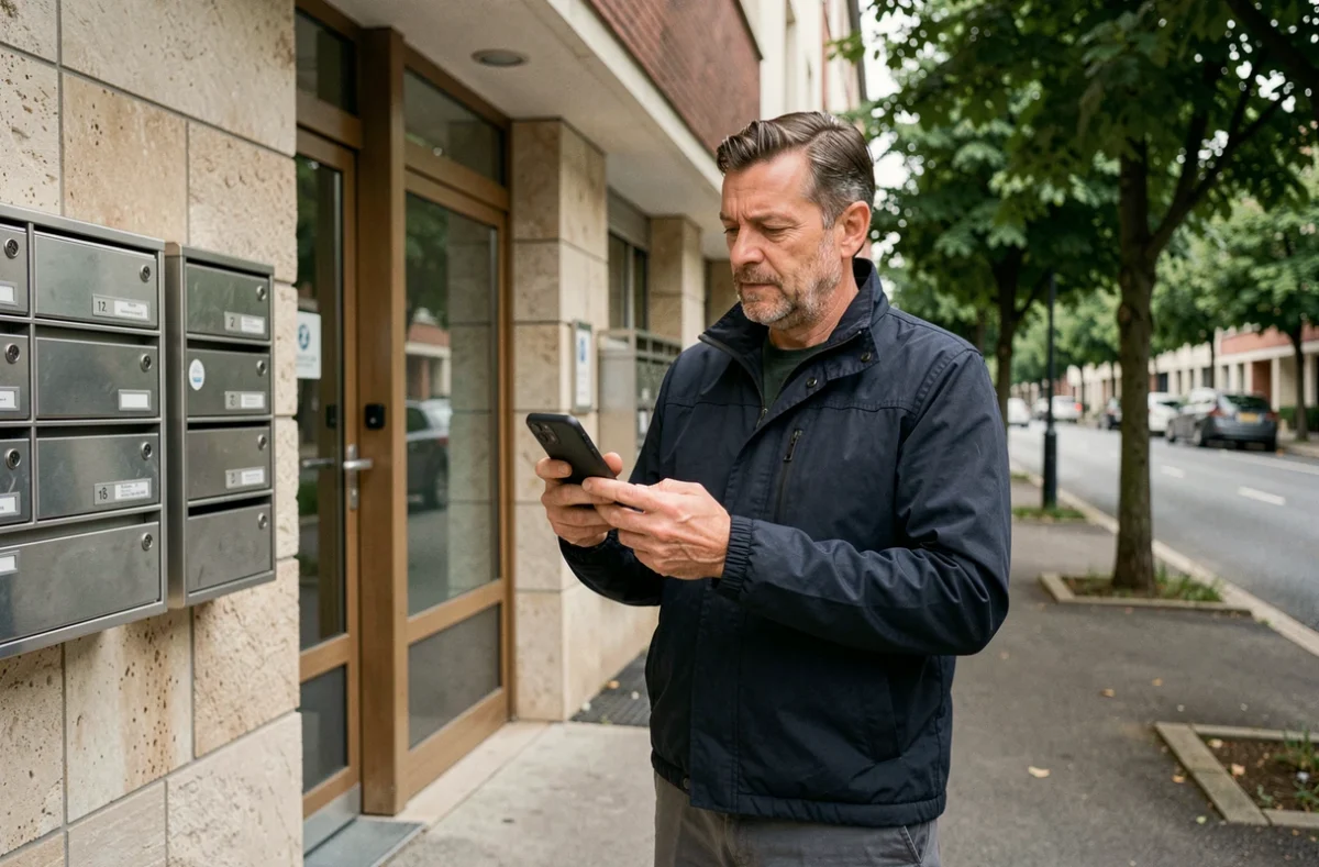 Homme consultant un devis d'assurance habitation sur smartphone devant un immeuble à Colombes