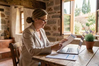 Femme consultant des devis d'assurance habitation pour une résidence secondaire à la campagne