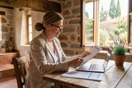 Femme consultant des devis d'assurance habitation pour une résidence secondaire à la campagne