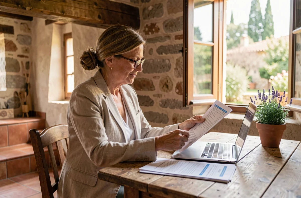 Femme consultant des devis d'assurance habitation pour une résidence secondaire à la campagne