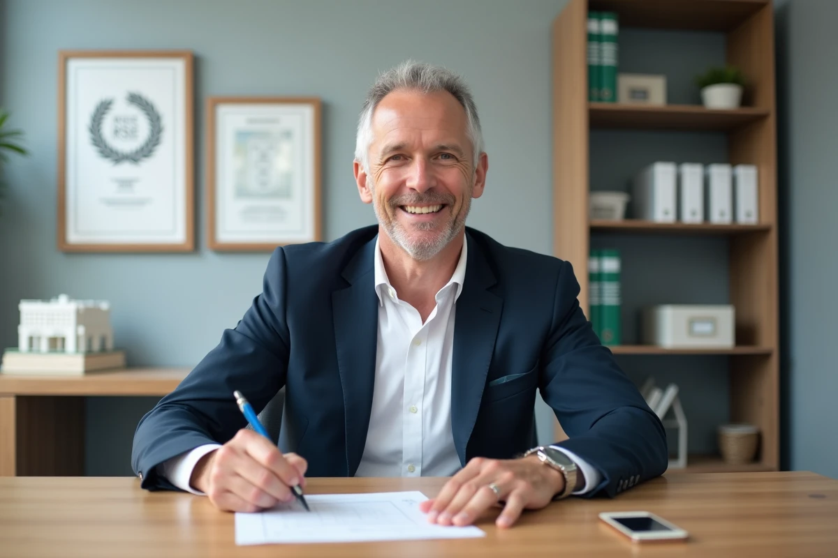 Directeur d'agence immobilière signant un document de certification RSE CEAPC dans son bureau