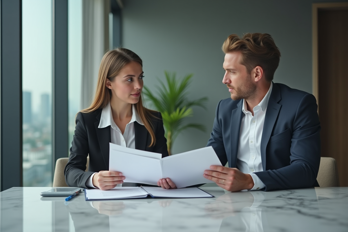 Femme professionnelle discute avec agent immobilier dans une salle moderne