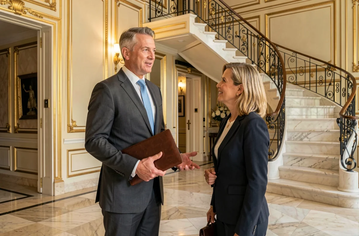 Professionnel de Divitiae Patrimoine Immobilier dans le hall d'un immeuble de standing à Nice