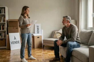 Couple en instance de divorce dans leur maison en vente en Seine-et-Marne, avec carton de déménagement et panneau à vendre