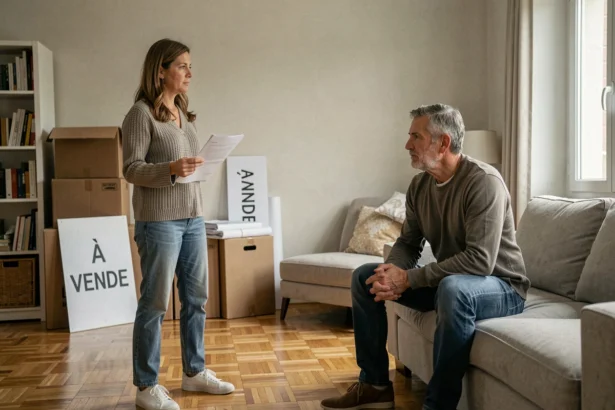 Couple en instance de divorce dans leur maison en vente en Seine-et-Marne, avec carton de déménagement et panneau à vendre