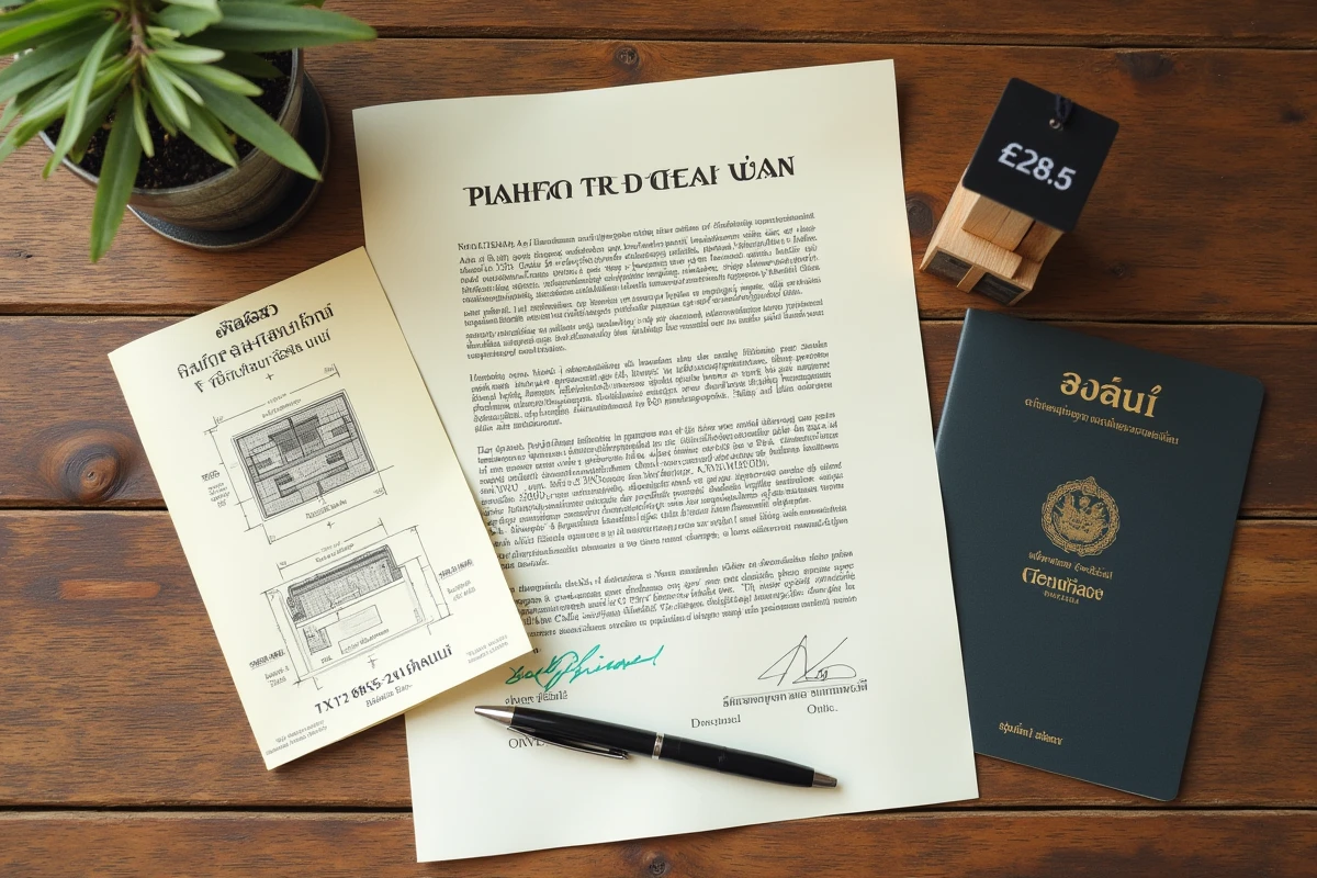 Documents d'achat immobilier en Thaïlande avec contrat bilingue, calculatrice et frais annexes sur table en teck