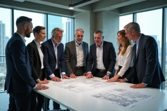 Groupe d'architectes en réunion dans un bureau moderne
