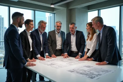 Groupe d'architectes en réunion dans un bureau moderne
