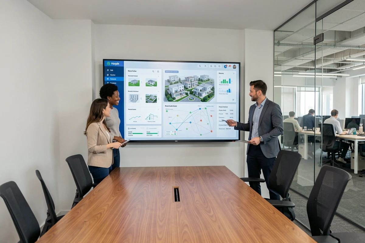 Équipe de professionnels en réunion autour d'un tableau de bord numérique de résidence intelligente dans une salle de conférence moderne