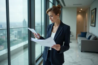 Femme professionnelle consultant une estimation immobilière prestige dans un appartement de luxe avec vue panoramique sur la ville