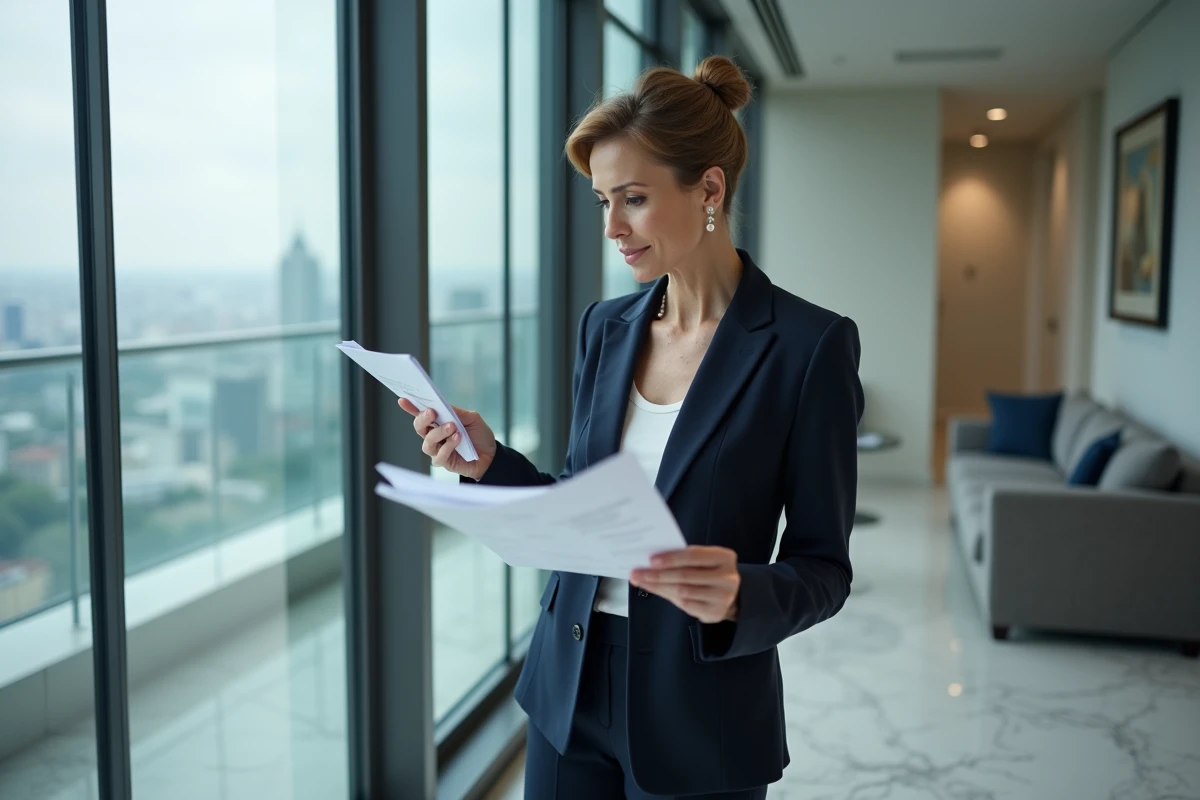 Femme professionnelle consultant une estimation immobilière prestige dans un appartement de luxe avec vue panoramique sur la ville