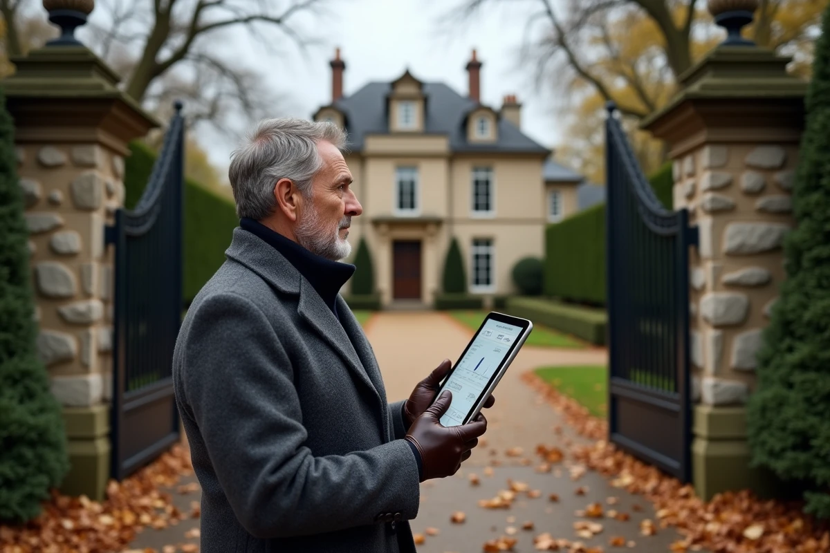 Agent immobilier estimant une villa de prestige à l'entrée d'une propriété avec tablette numérique et façade en pierre