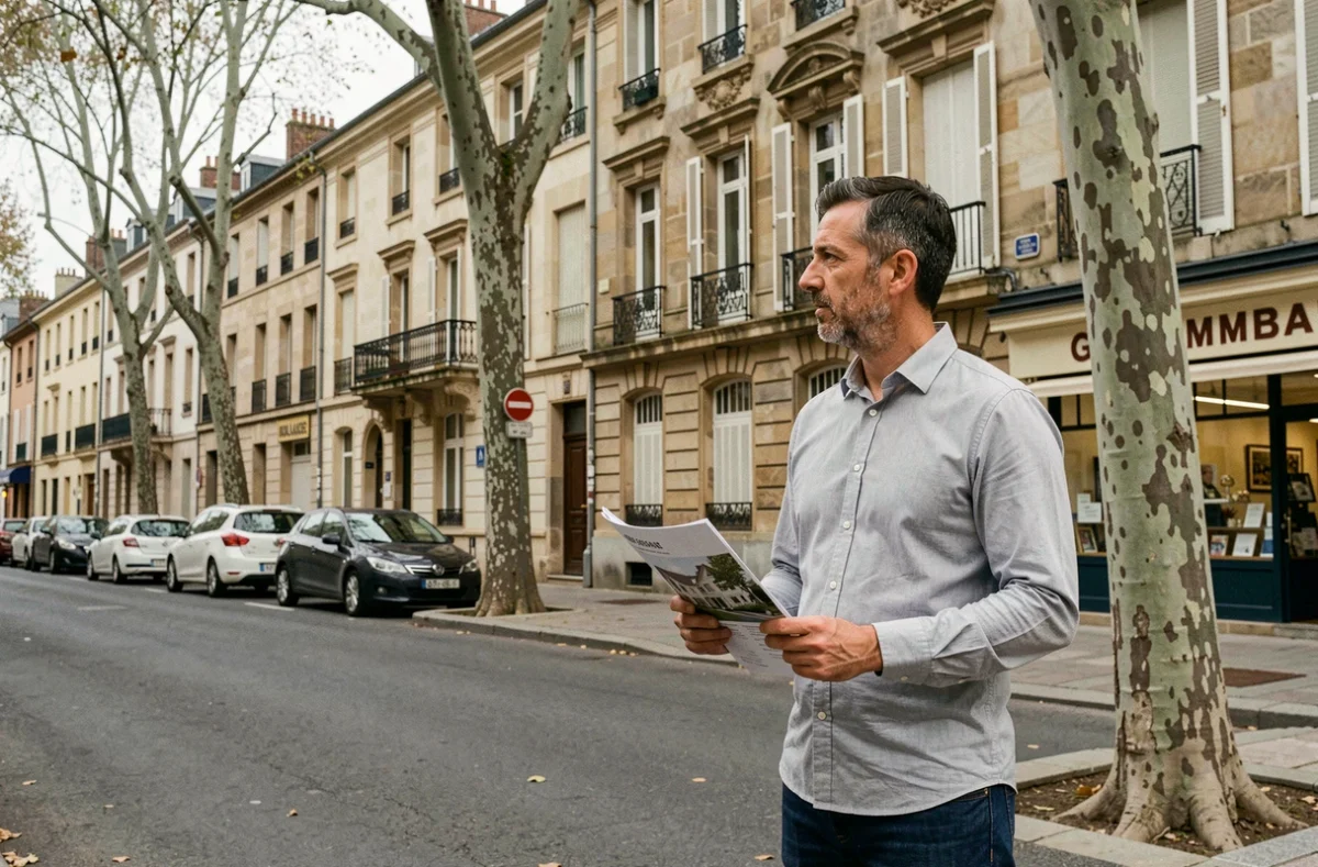 Homme étudiant le marché immobilier local en observant des immeubles dans une rue résidentielle française