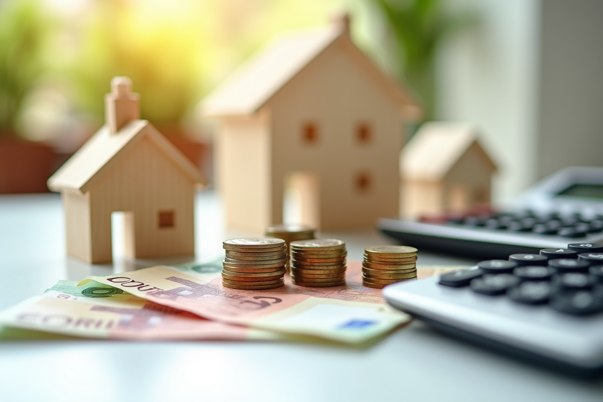 Pièces et billets d euro avec bâtiments et calculatrice