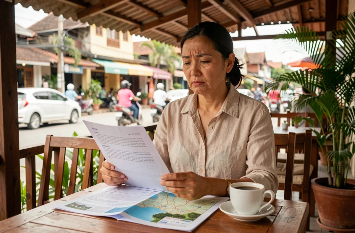 Une expatriée occidentale analyse un contrat immobilier thaïlandais en terrasse à Chiang Mai avant un achat de maison