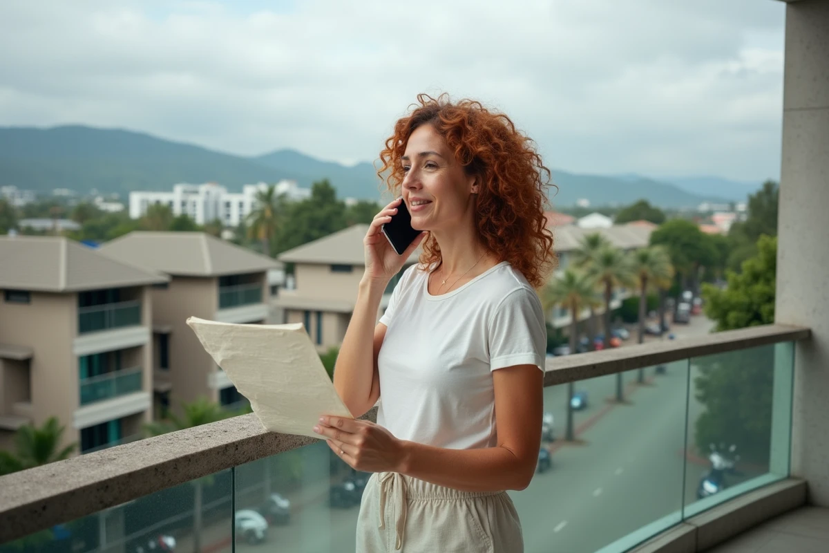 Une expatriée européenne consulte son contrat de location sur un balcon d'appartement à Phuket en Thaïlande