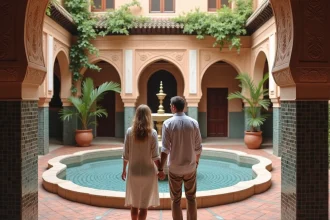 Couple d'expatriés visitant le patio d'un riad traditionnel à vendre à Marrakech, entouré de zelliges et de bougainvillées