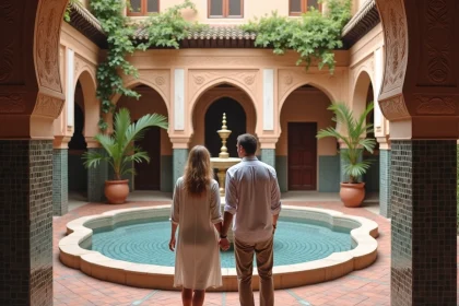 Couple d'expatriés visitant le patio d'un riad traditionnel à vendre à Marrakech, entouré de zelliges et de bougainvillées