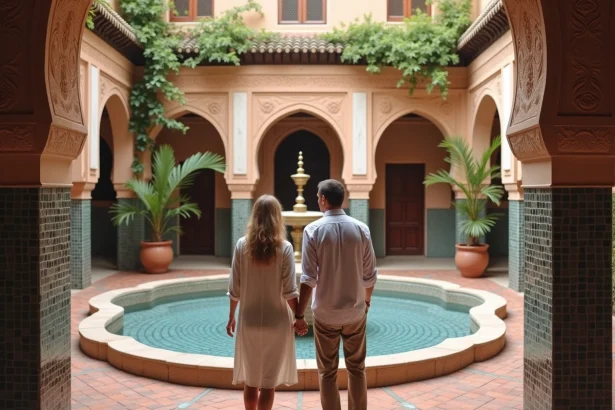 Couple d'expatriés visitant le patio d'un riad traditionnel à vendre à Marrakech, entouré de zelliges et de bougainvillées