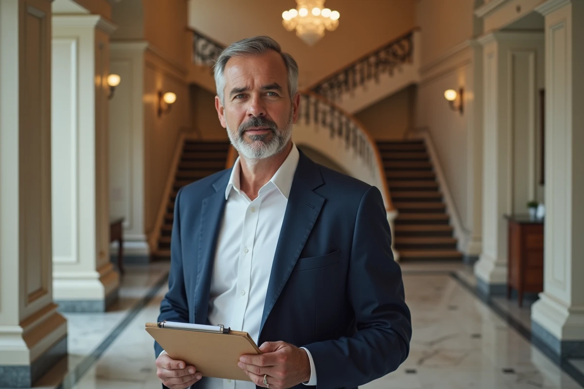 Expert immobilier de prestige évaluant l'entrée d'une maison de luxe avec presse-papiers à la main