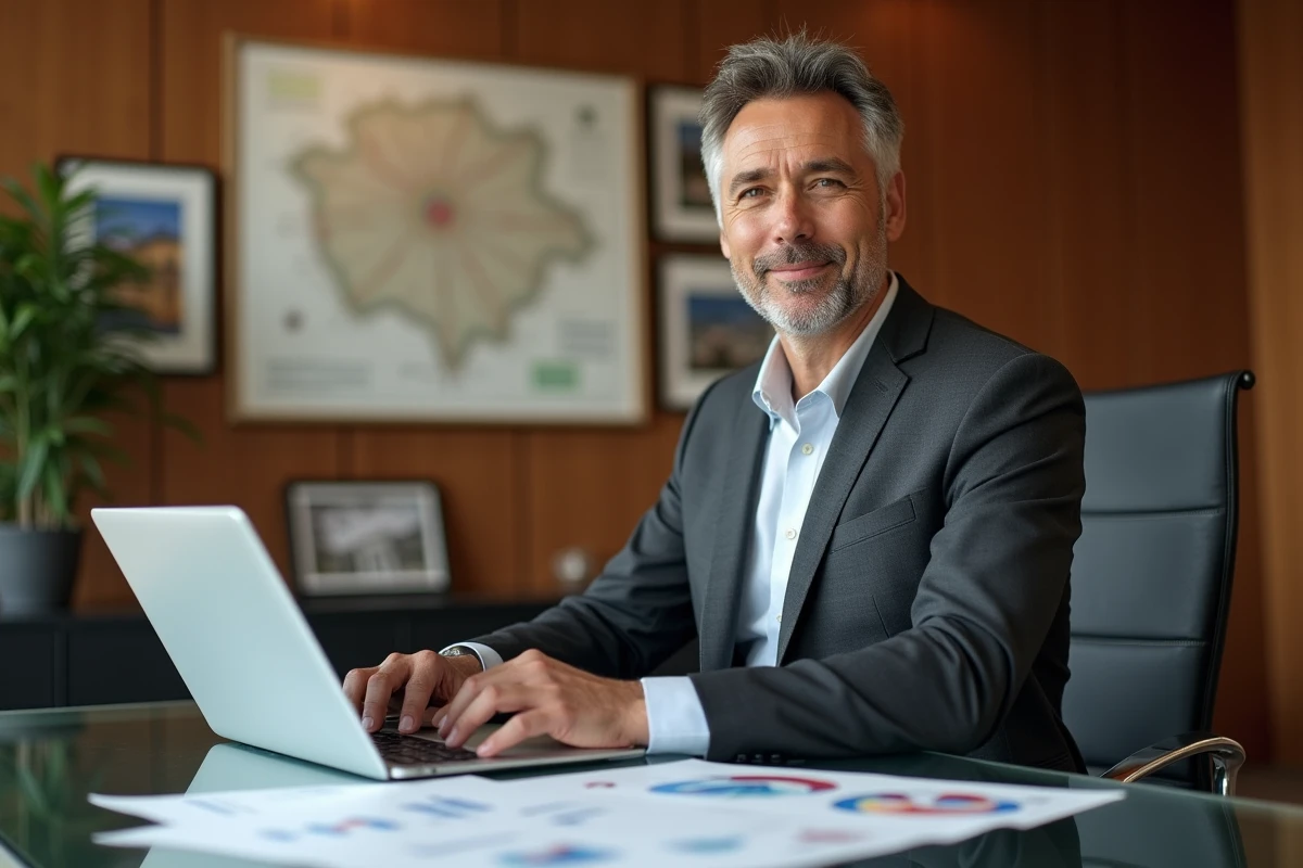 Un expert immobilier présente une analyse d'estimation de prestige sur un tableau de bord numérique dans un bureau raffiné