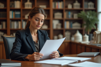 Femme d affaires en blazer examinant des documents immobiliers