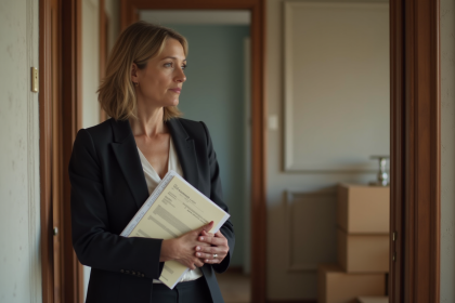 Femme d affaires française en costume tenant un dossier de location