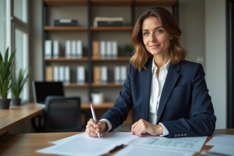 Femme d'affaires en blazer bleu examine des documents de prêt immobilier