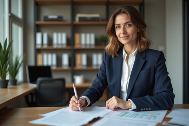 Femme d'affaires en blazer bleu examine des documents de prêt immobilier