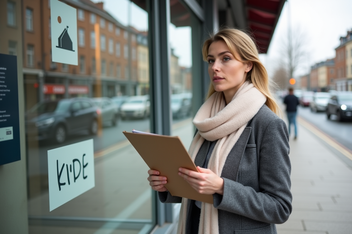 Femme regarde annonces immobilières devant agence