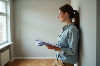 Femme d'âge moyen tenant des papiers dans un appartement moderne