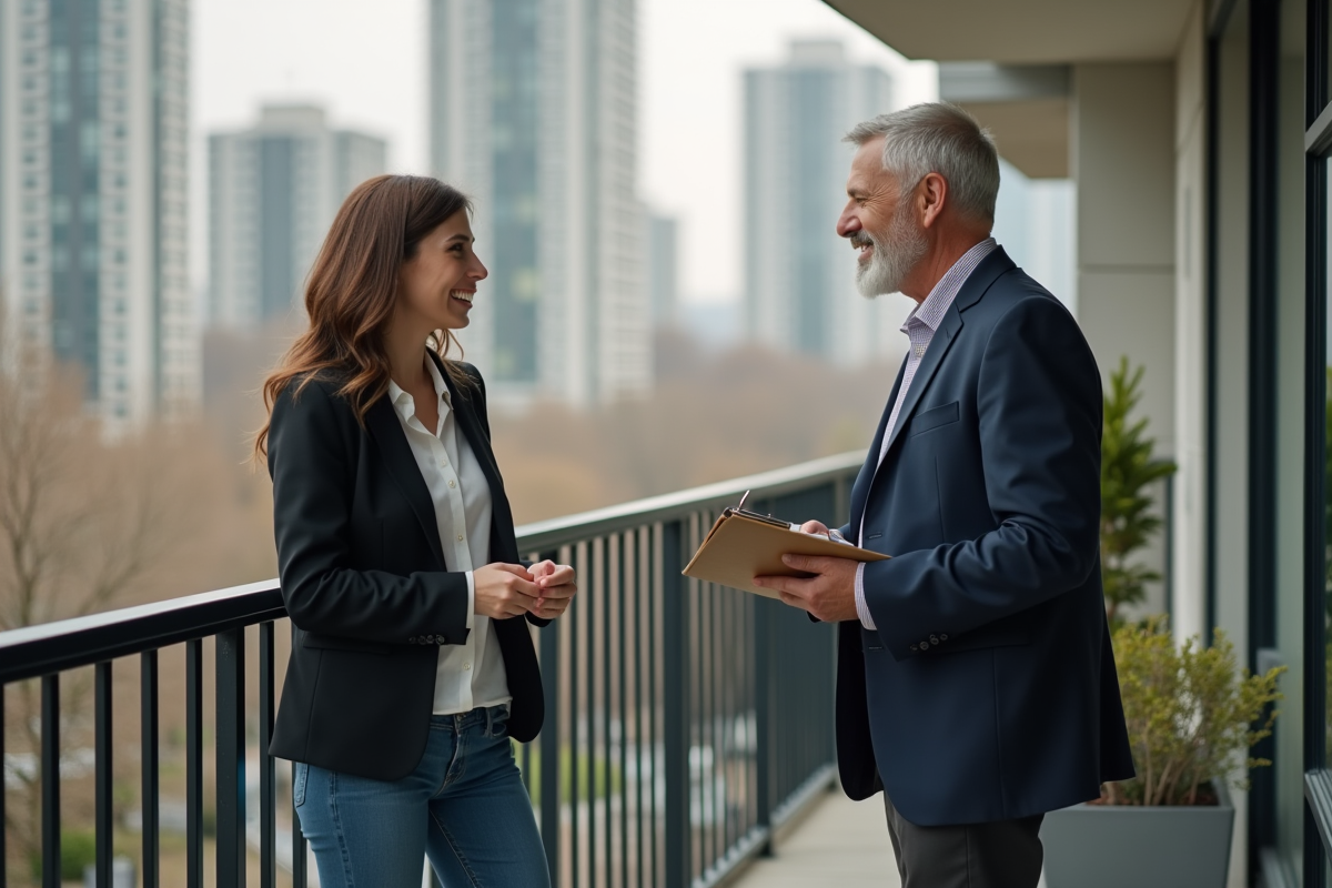 Femme discutant avec un gestionnaire immobilier en extérieur