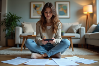 Jeune femme avec factures et calculatrice chez elle