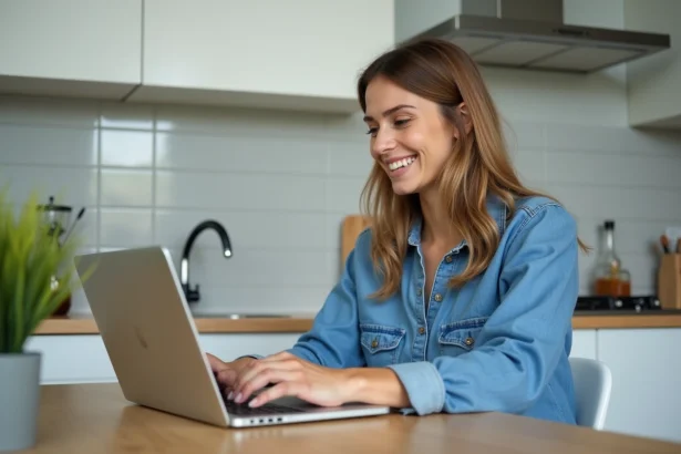 Femme souriante travaillant sur son ordinateur dans la cuisine