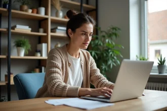 Femme assise à un bureau moderne dans un salon cosy