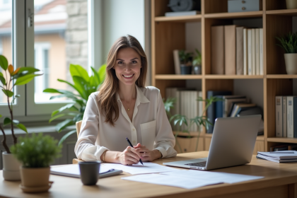 Femme souriante vérifiant des documents à son bureau moderne
