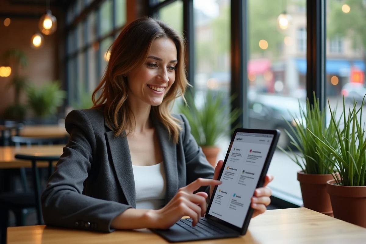 Femme souriante pointant une tablette dans un café urbain