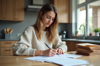 Jeune femme remplissant un formulaire de changement d'adresse à la maison