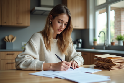 Jeune femme remplissant un formulaire de changement d'adresse à la maison