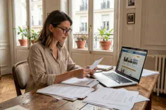 Femme parisienne comparant des offres d'assurance habitation sur son bureau dans un appartement haussmannien