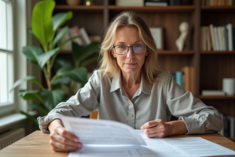 Femme d'âge moyen compare des documents de prêt immobilier