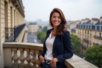 Femme confiante en blazer navy sur un balcon à Bordeaux